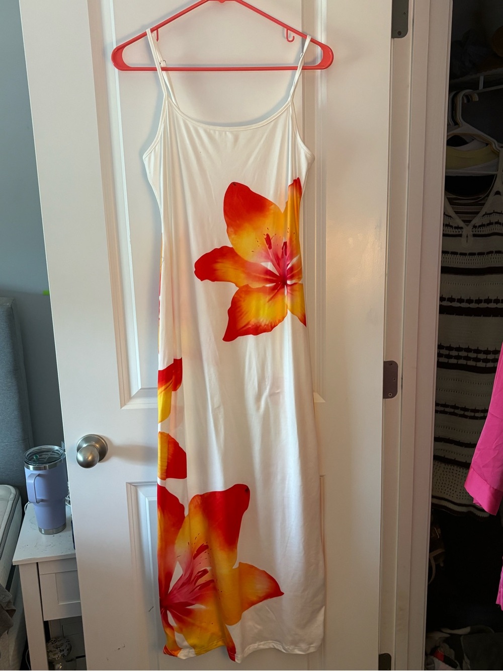 Fashion Nova White Maxi Slip Dress with Red-Orange Floral Print